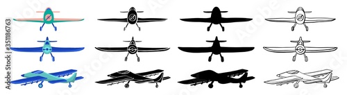 Set Airplane in hand drawn doodle and cartoon style isolated on white background. Set of agricultural aircraft vector outline, silhouette