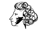 Alexander Pushkin. Russian national writer. Black and white portrait. Hand draw ink illustration. Vector Portrait of  person. Side view. Profile