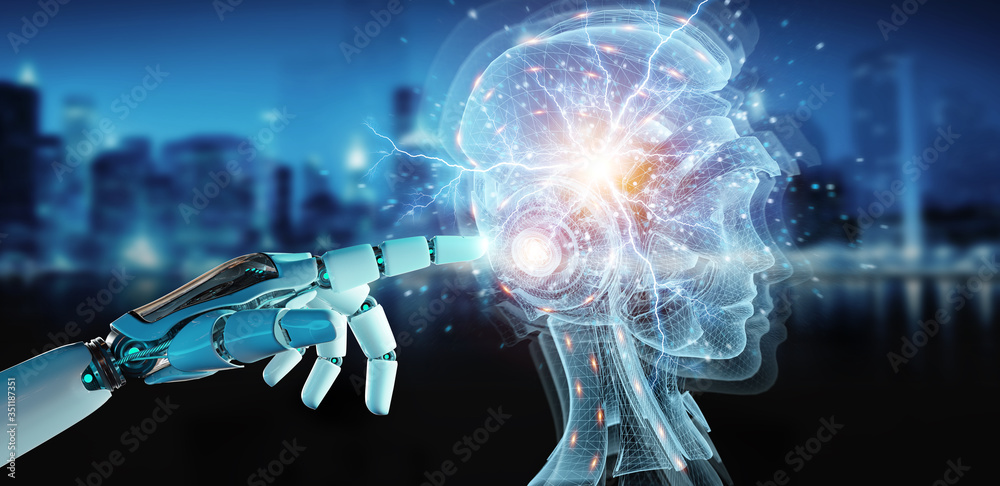 Cyborg hand using digital artificial intelligence holographic projection 3D rendering Cyborg hand using digital artificial intelligence holographic projection 3D rendering