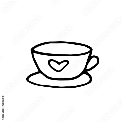 cup with heart and saucer hand drawn element in doodle style. vector scandinavian monochrome minimalism. tea  coffee  kitchen  comfort  cafe  drink  menu  icon