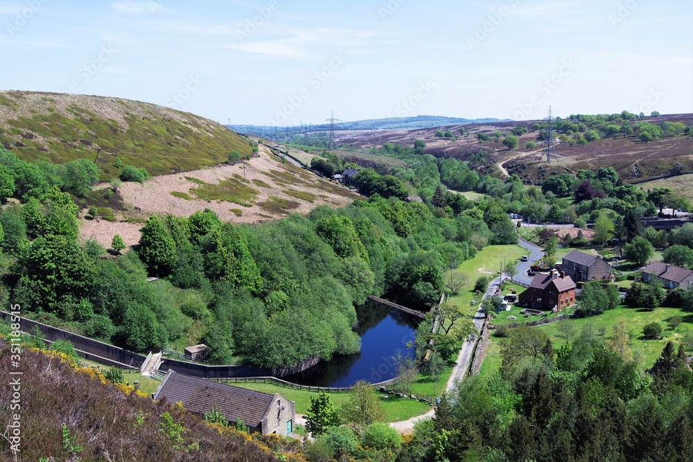 Aerial view of Dunford Bridge, from Winscar Reservoir, South Yorkshire.
