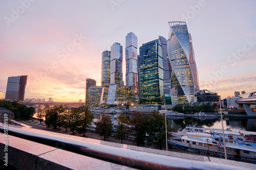 Modern skyscraper architecture. Moscow international business center Moscow city at sunset, Russia.