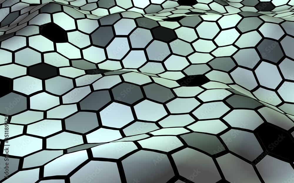 Fototapeta Honeycomb with a gradient color. Perspective view on polygon look like honeycomb. Wavy surface. Isometric geometry. 3D illustration
