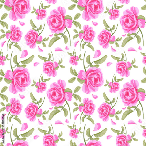Seamless pattern of pink rose flowers on white backdrop. Watercolor illustration, background. Perfect for linen, kitchen textile, fabric, wallpaper and wrapping design.