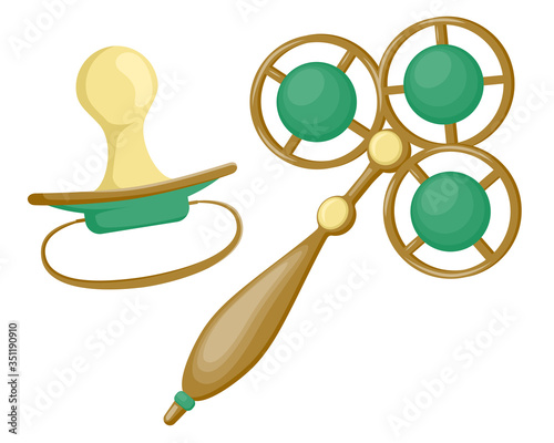 A rattle and a pacifier. Steampunk. Vector set. Rattle and pacifier vector set.