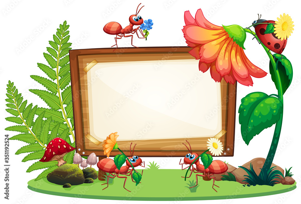 Border template design with insects in the garden background Stock ...