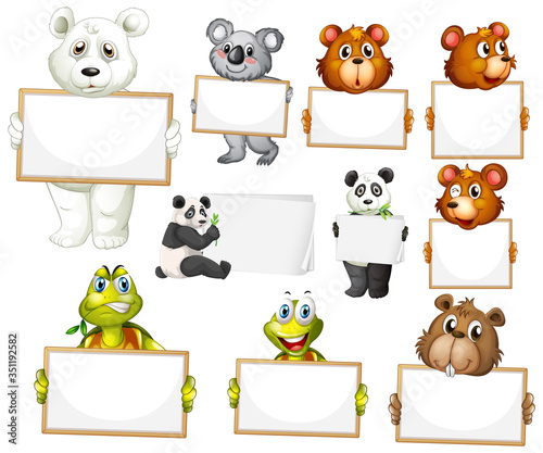 Blank sign template with many animals on white background