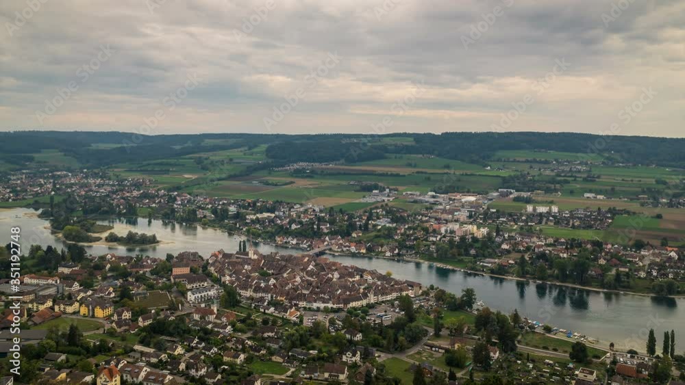 A birds-eye view overlooking the medieval town of Stein am Rhein on the Rhein river in Switzerland. Time lapse photography captured in 4k resolution A birds-eye view overlooking the medieval town of Stein am Rhein on the Rhein river in Switzerland. Time lapse photography captured in 4k resolution