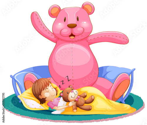 Little girl sleeping in bed with big teddy bear