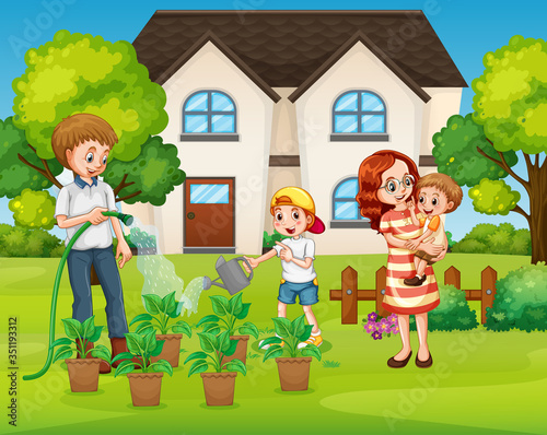 Family member cartoon character in the garden