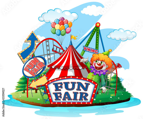 Scene with clown in the fun fair on white background