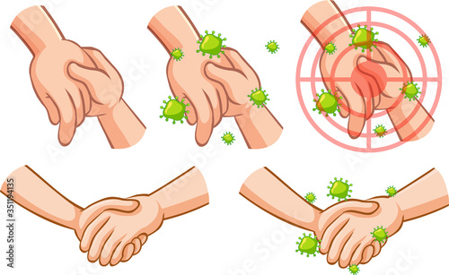 Coronavirus theme with hand full of germs touching other hand