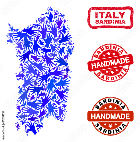 Vector handmade composition of Sardinia map and rubber seals. Mosaic Sardinia map is created with random blue hands. Rounded and awry red seals with unclean rubber texture.