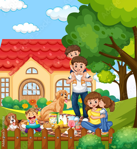 Family member cartoon character in the garden