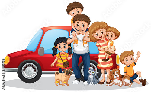 Happy family in front of car