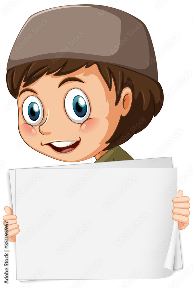 Blank sign template with muslim boy on white background Blank sign template with muslim boy on white background