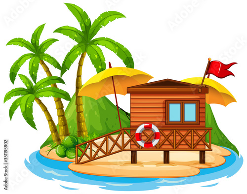 Scene with wooden hut on the beach on white background