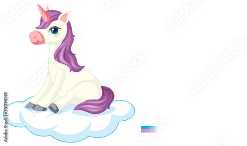 Cute purple unicorn in sitting position on white background