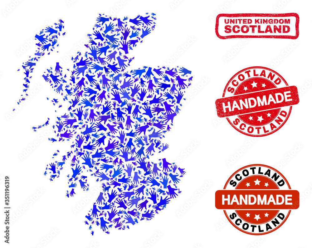 Vector handmade collage of Scotland map and grunge stamp seals. Mosaic Scotland map is done of randomized blue hands. Rounded and rough red seals with grunge rubber texture. Vector handmade collage of Scotland map and grunge stamp seals. Mosaic Scotland map is done of randomized blue hands. Rounded and rough red seals with grunge rubber texture.