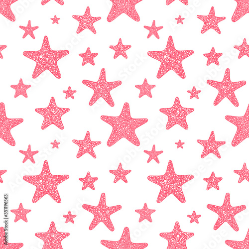 Stars seamless hand drawn vector background. Various sea starfish sketch drawing endless texture. 