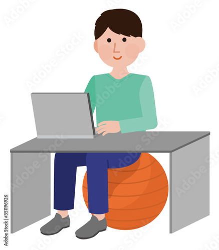 バランスボール　仕事をする男性　02　イラスト