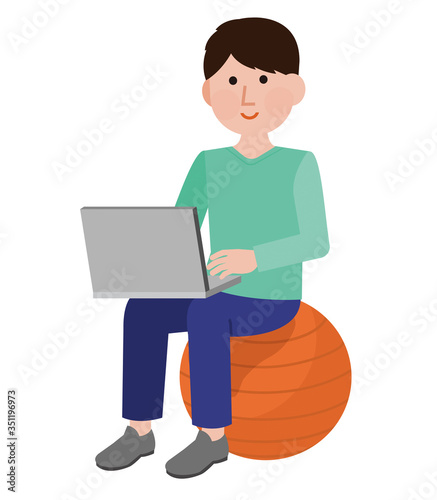 バランスボール　仕事をする男性　02　イラスト