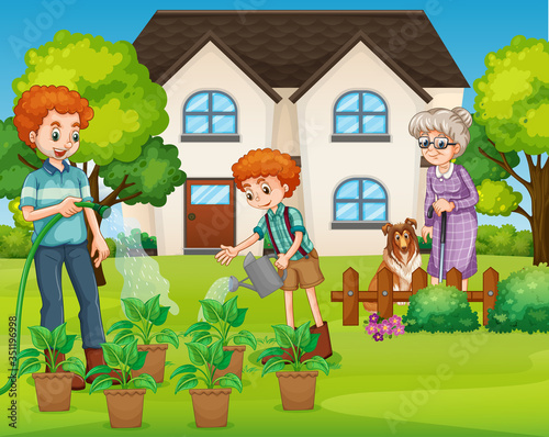 Family doing activity in fron of yard