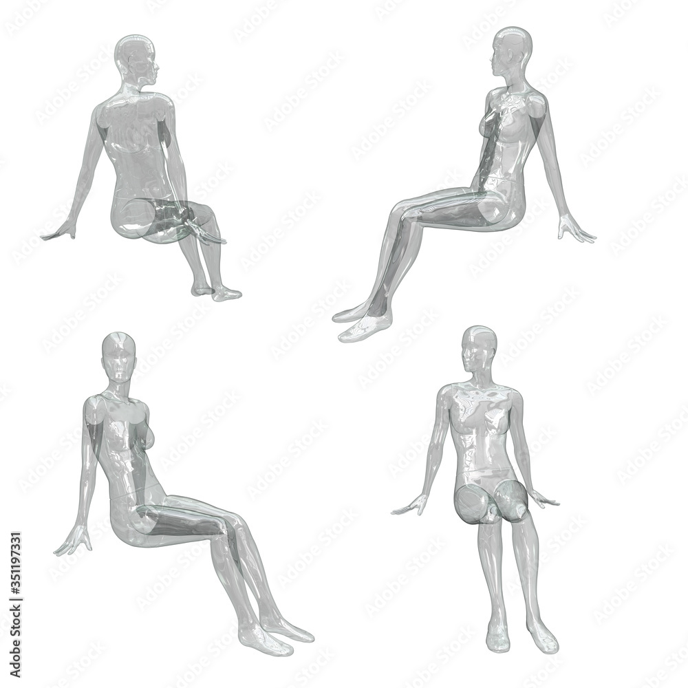 Illustrazione Stock Female transparent plastic or glass figure in a sitting  pose. The figure of an invisible person. Front, back, side view. Set of 3d  illustrations isolated on white background. | Adobe