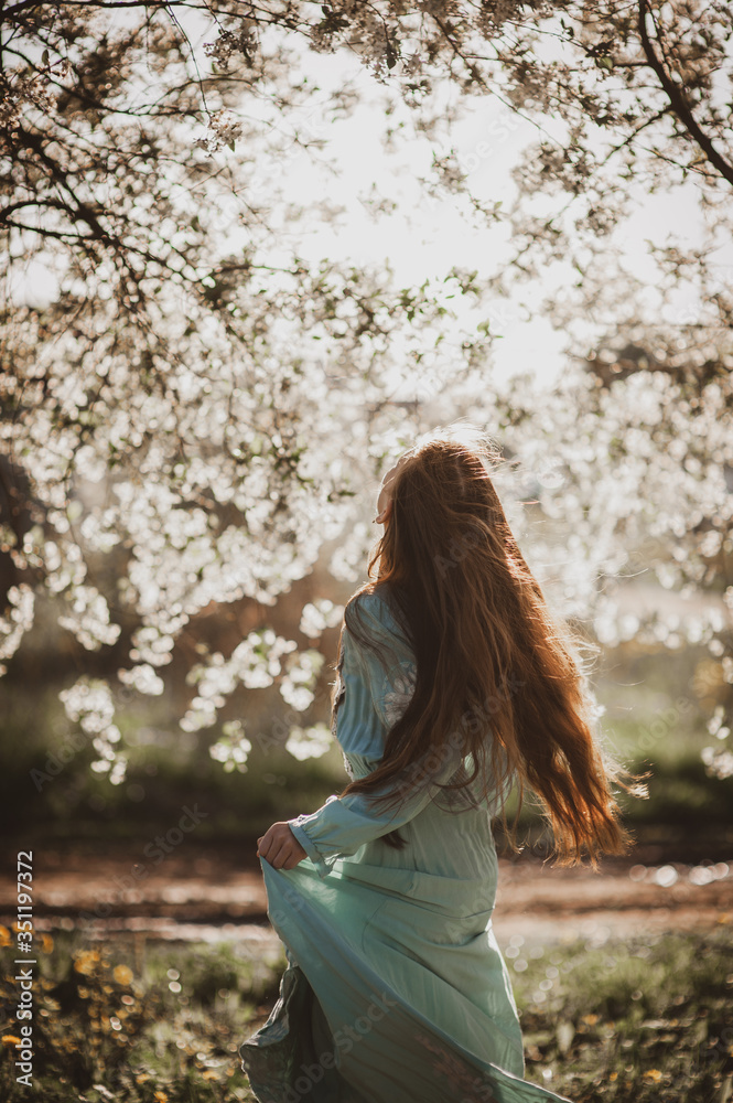 beautiful young girl with long flowing hair in a blooming cherry blossoms garden beautiful young girl with long flowing hair in a blooming cherry blossoms garden