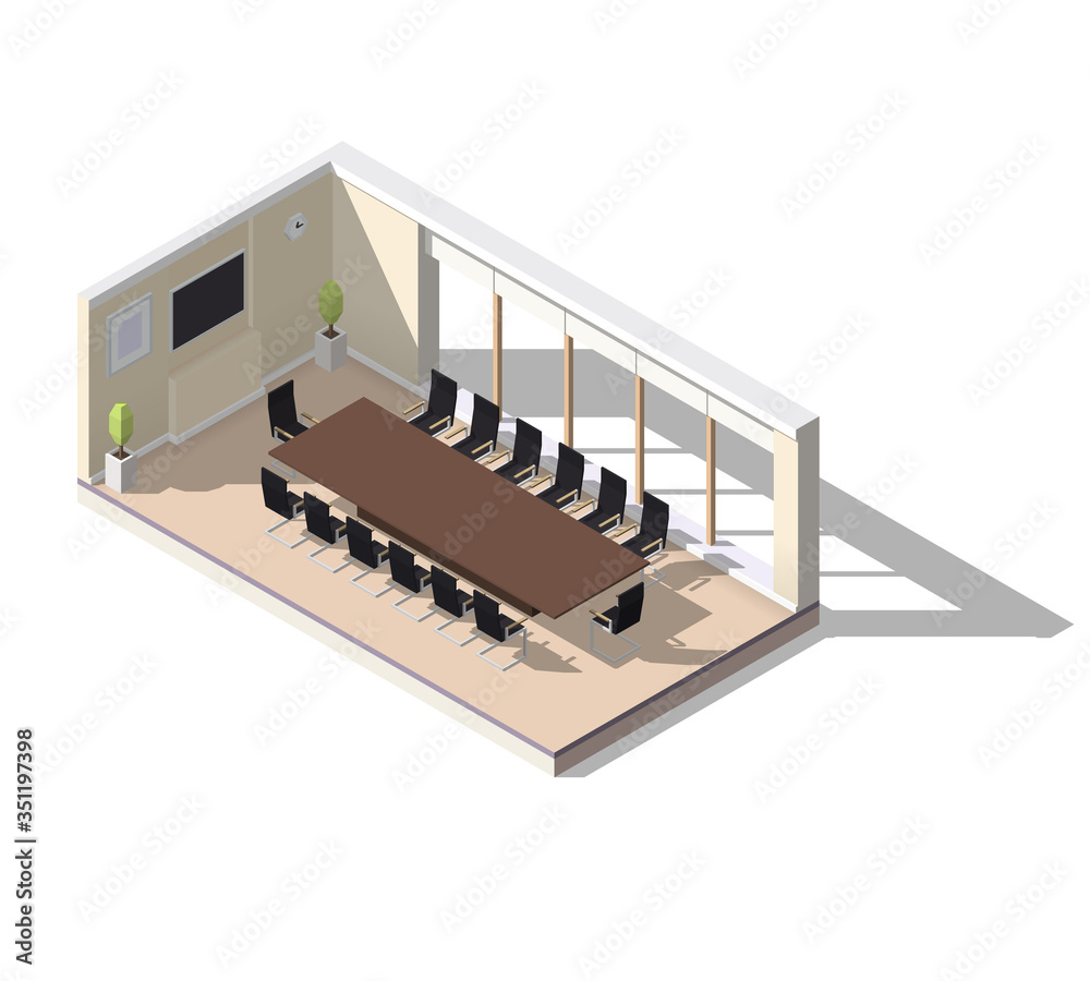Isometric low poly conference room illustration. Meeting room icon. Isometric low poly conference room illustration. Meeting room icon.