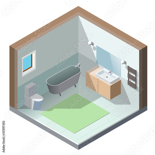 Bathroom interior isometric design vector illustration.