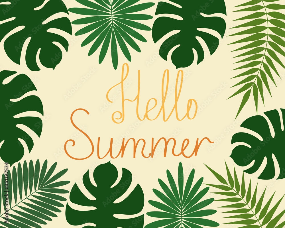 Obraz premium Hello summer poster, banner or card. Frame of palm leaves with text