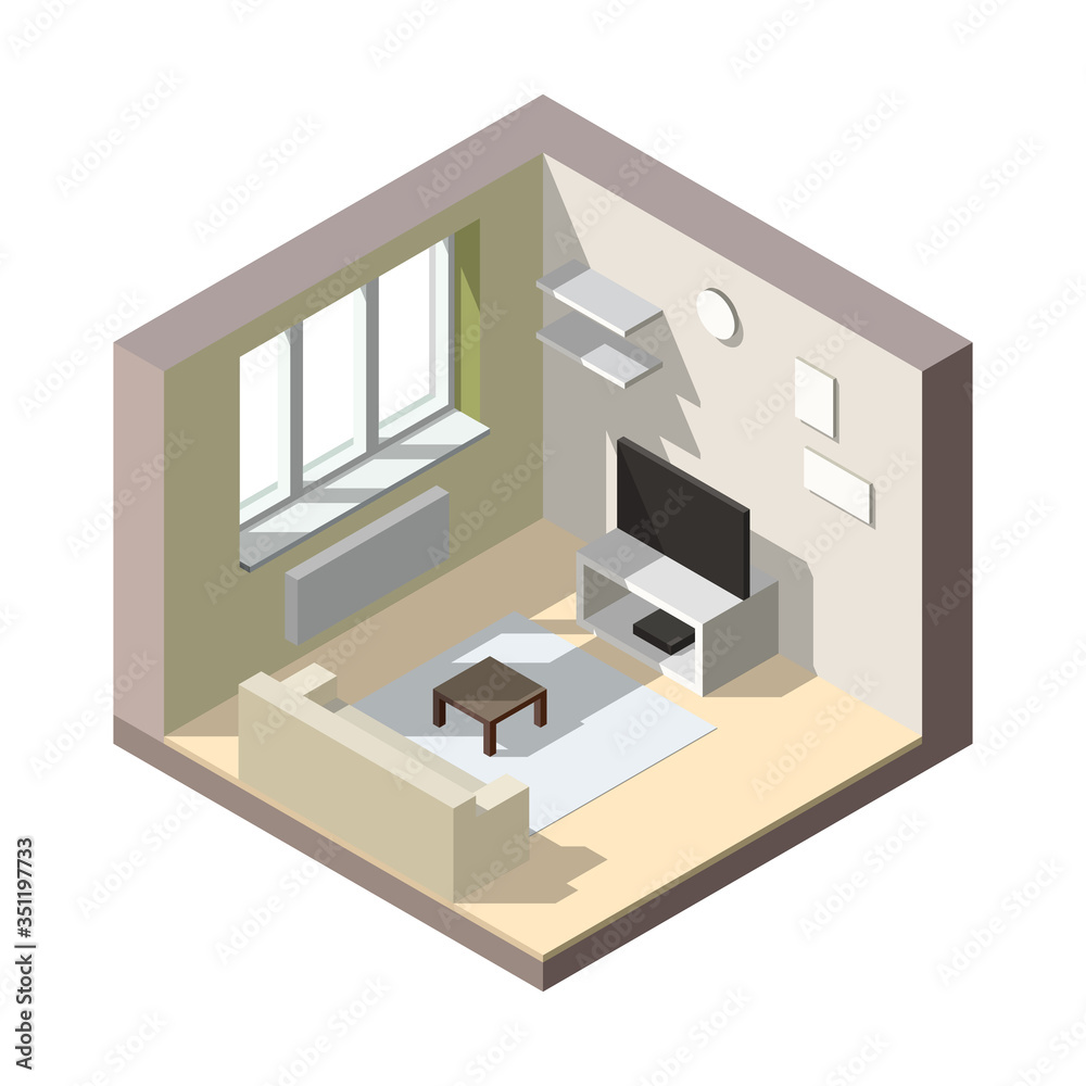 Vector isometric low poly room. Vector isometric low poly room.