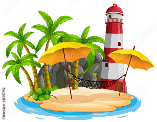 Scene with lighthouse on the beach on white background