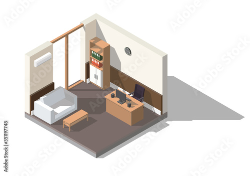 Vector isometric low poly office. Interior office cutaway icon.