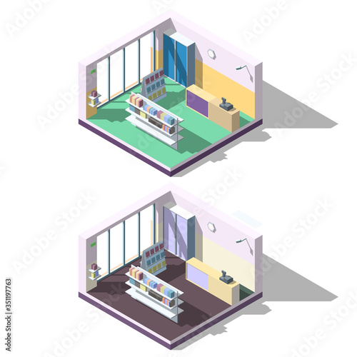 Isometric store design. Small shop cutaway icon.