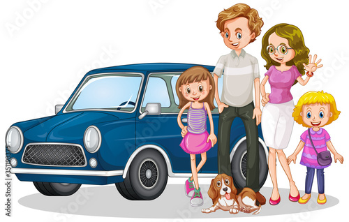 Happy family in front of car