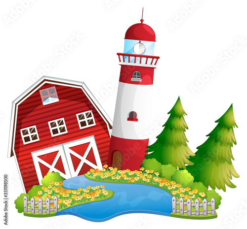 Isolated barn and lighthouse