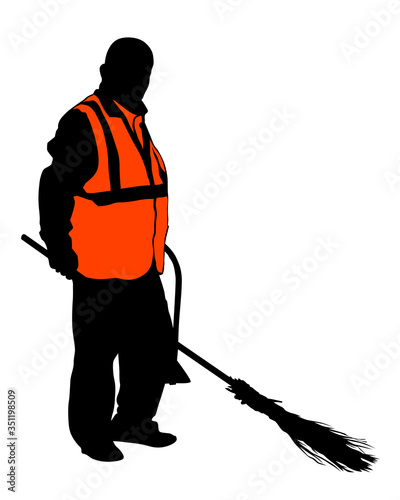 Janitor in signal vest whit broom. Isolated silhouette on a white background