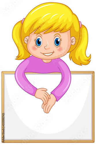 Blank sign template with cute girl on white background