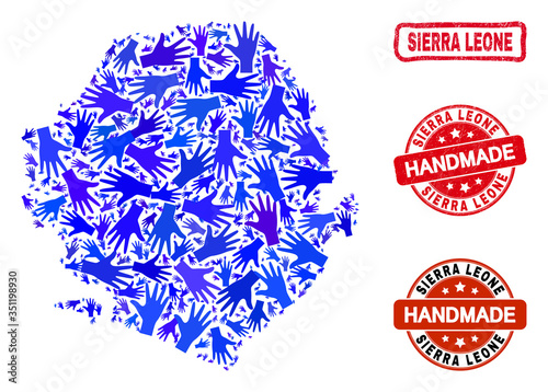 Vector handmade collage of Sierra Leone map and rubber stamp seals. Mosaic Sierra Leone map is composed with random blue hands. Rounded and awry red stamp imprints with unclean rubber texture.