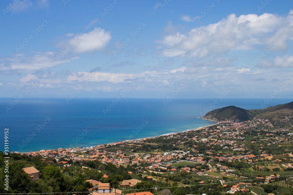 Panoramic view of the city of Castellabate, in Cilento, from the Belvedere of San Costabile, view of the coast and the Mediterranean Sea.