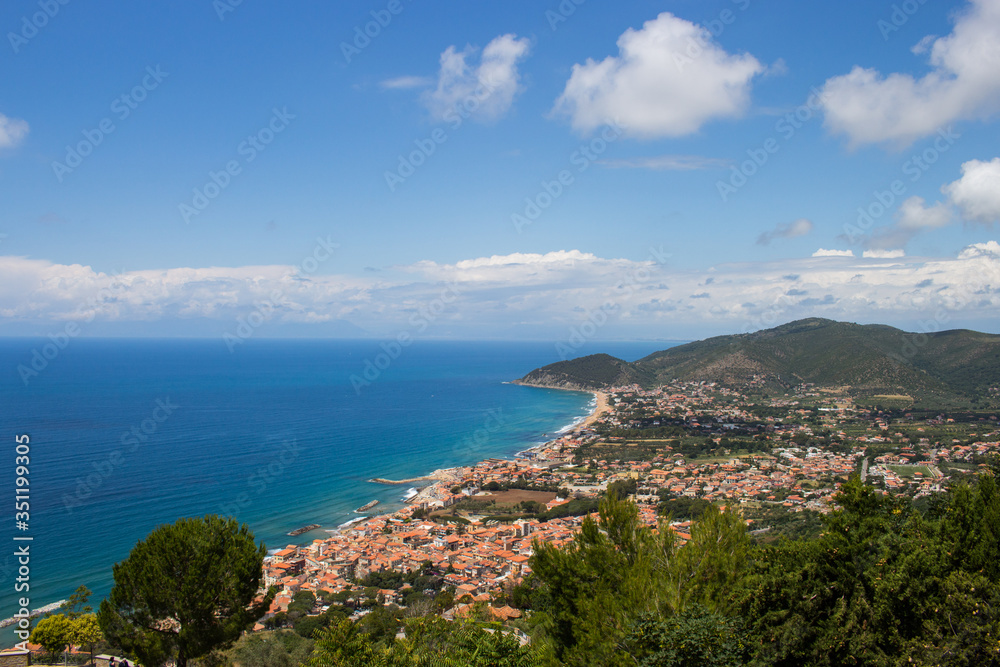 Panoramic view of the city of Castellabate, in Cilento, from the Belvedere of San Costabile, view of the coast and the Mediterranean Sea.