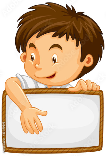 Blank sign template with happy boy on white background