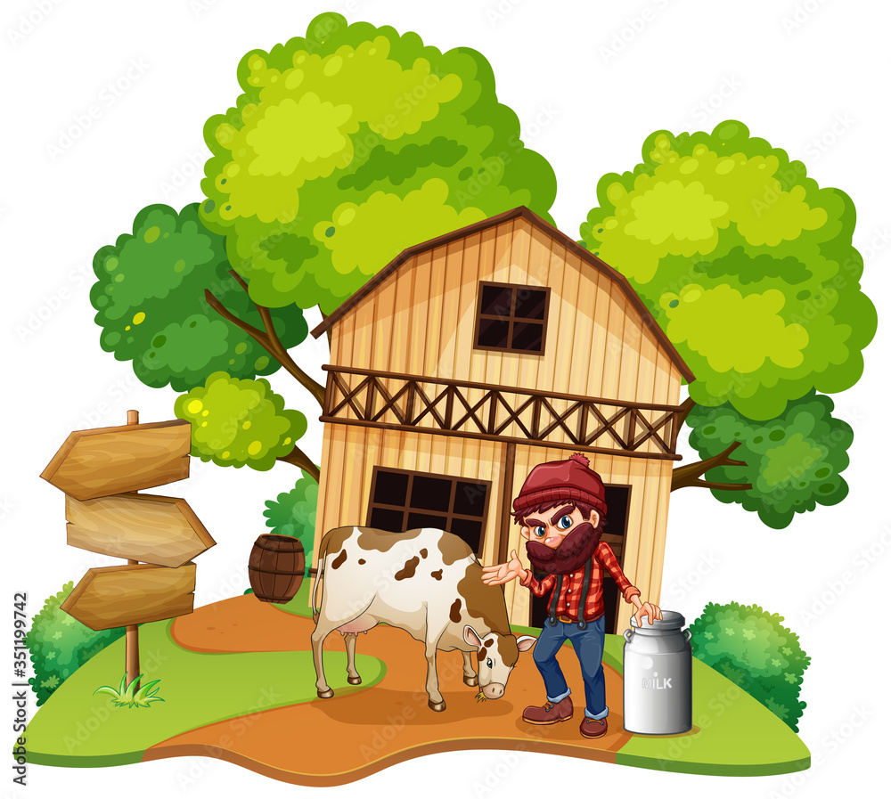 Isolated farmer and house on white background Isolated farmer and house on white background