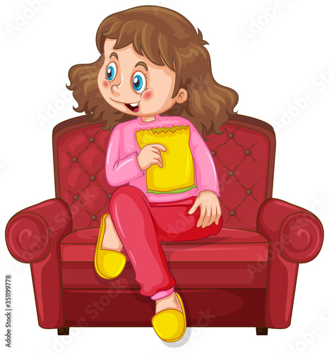 Little girl on the sofa eating snack on white background