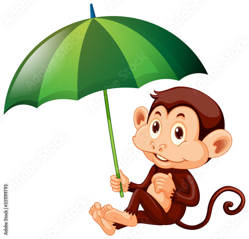 Cute monkey with green umbrella on white background