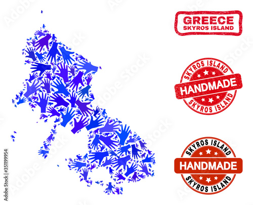 Vector handmade composition of Skyros Island map and corroded stamp seals. Mosaic Skyros Island map is formed with random blue hands. Rounded and awry red stamp imprints with corroded rubber texture.