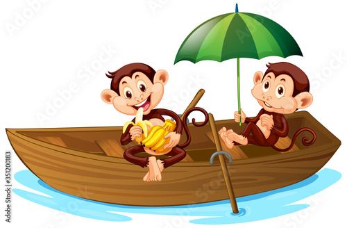 Two monkeys rowing a boat on white background