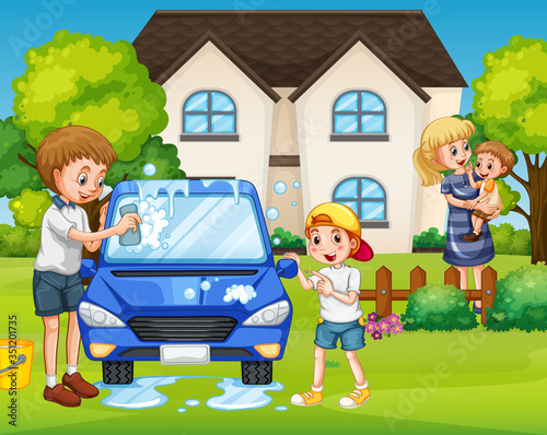 Father and son washing car at front yard